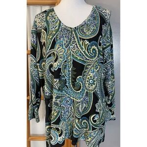 CDP & Co Sequined Paisley Top Womens 2X Black Green Floral Boho Cottagecore City